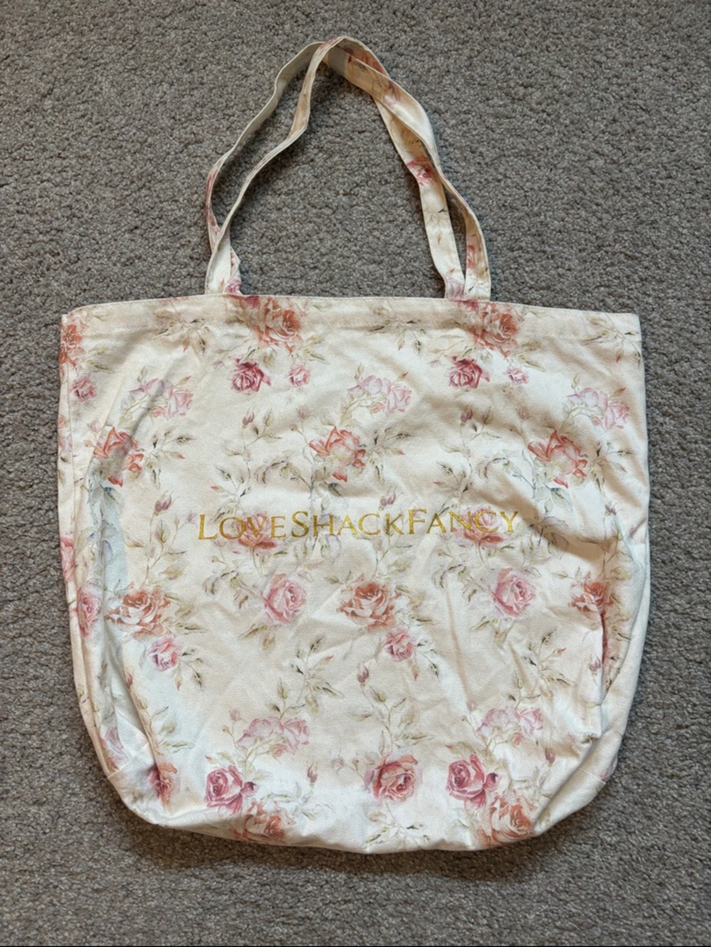 LoveShackFancy Cream Floral Canvas Tote with Pink Rose Print